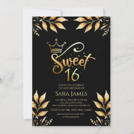 Regal Gold & Obsidian Sweet 16 Birthday Invitation Kaart