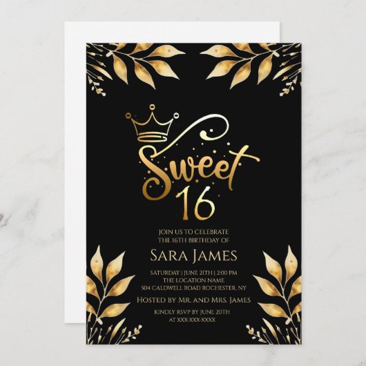 Regal Gold & Obsidian Sweet 16 Birthday Invitation Kaart (Voorkant / Achterkant)