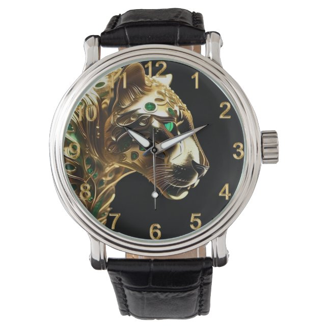 Regal Grace: De gouden jaguar versierd met smaragd Horloge (Voorkant)