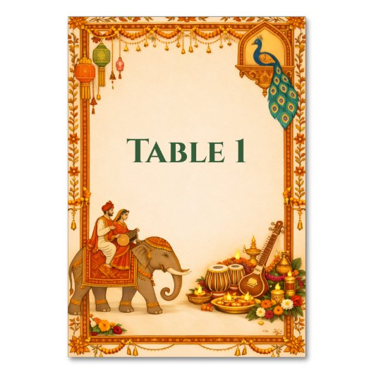 Regal Indian Wedding Table Number Card | Gold Kaart (Voorkant)