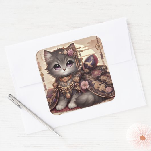 Regal Kimono Princess Cat Vierkante Sticker (Envelop)