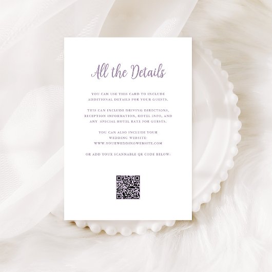 Regal Lavendel en Wit | Huwelijksdetails QR-code Informatiekaartje