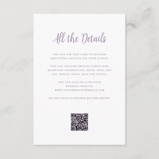 Regal Lavendel en Wit | Huwelijksdetails QR-code Informatiekaartje (Voorkant)