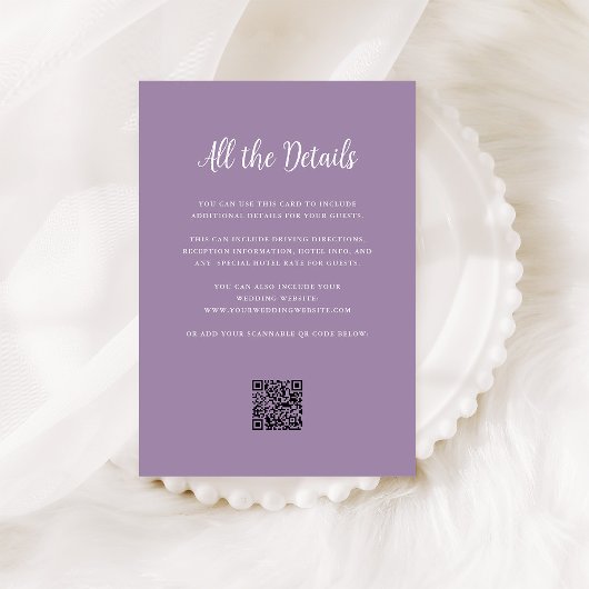 Regal Lavender | Bruiloft Gast Details QR Code Informatiekaartje