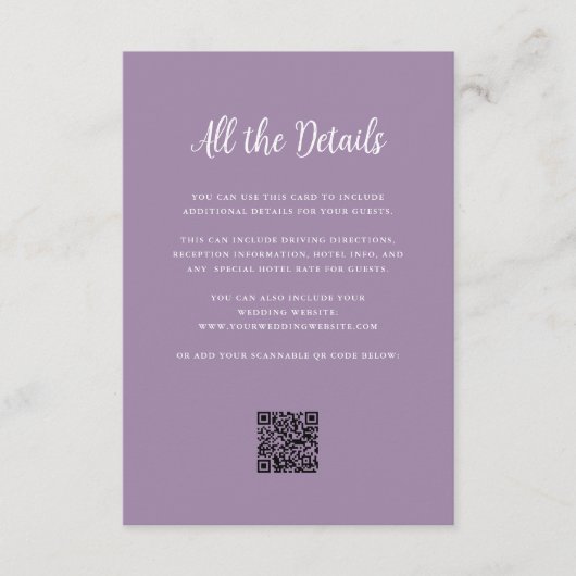 Regal Lavender | Bruiloft Gast Details QR Code Informatiekaartje (Voorkant)