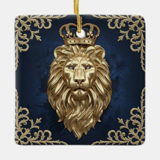 Regal Lion Design - Navy Blauw & Goud Luxe Keramisch Ornament (Voorkant)