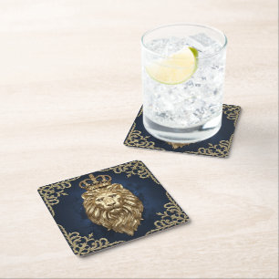 Regal Lion Design - Navy Blue & Gold Luxe Decor Kartonnen Onderzetters