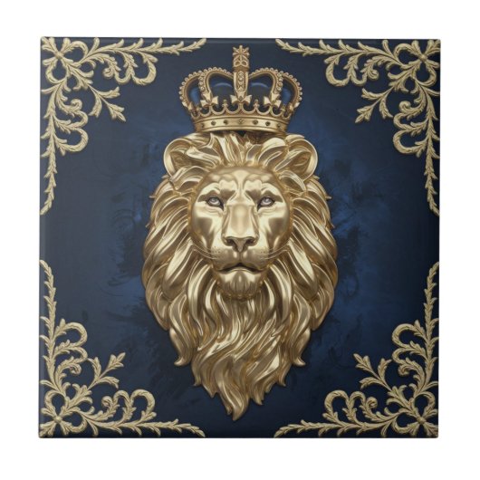 Regal Lion Design - Navy Blue & Gold Luxe Decor Tegeltje (Voorkant)