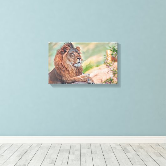Regal Lion zonnebaden met bloemen Graphic Art Canvas Afdruk (Insitu (Houten vloer))