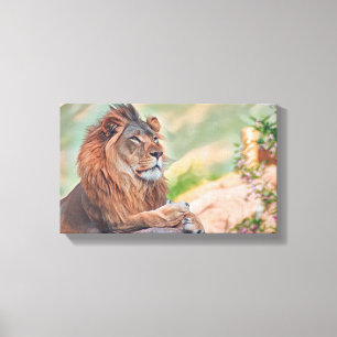 Regal Lion zonnebaden met bloemen Graphic Art Canvas Afdruk