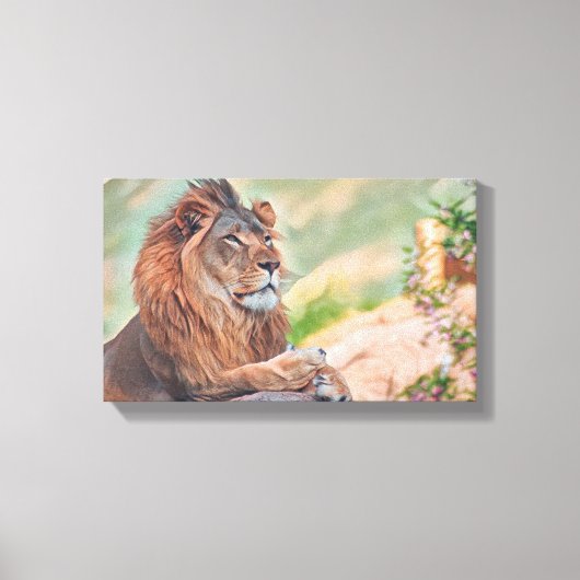 Regal Lion zonnebaden met bloemen Graphic Art Canvas Afdruk (Voorkant)