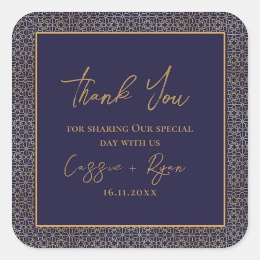 Regal Navy en Gold Design Wedding Dank u Vierkante Sticker (Voorkant)