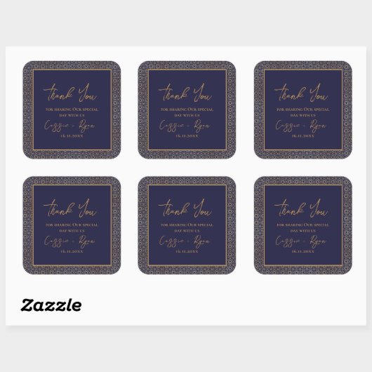 Regal Navy en Gold Design Wedding Dank u Vierkante Sticker (Vel)