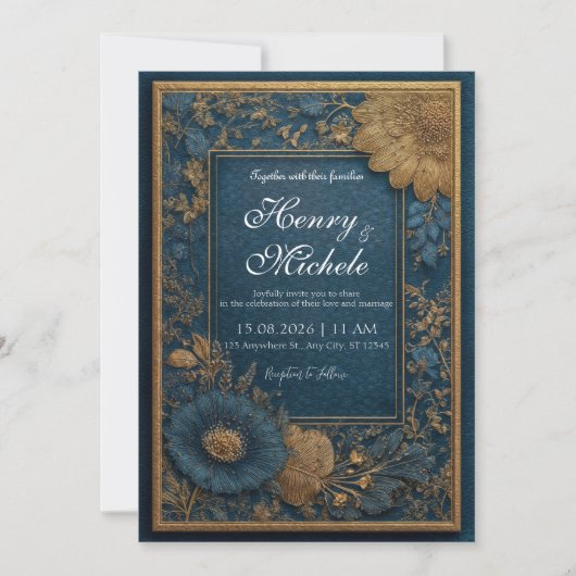 Regal Navy en Gold Floral Wedding Invitation Kaart (Voorkant)