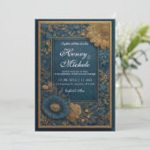 Regal Navy en Gold Floral Wedding Invitation Kaart (Staand voorkant)