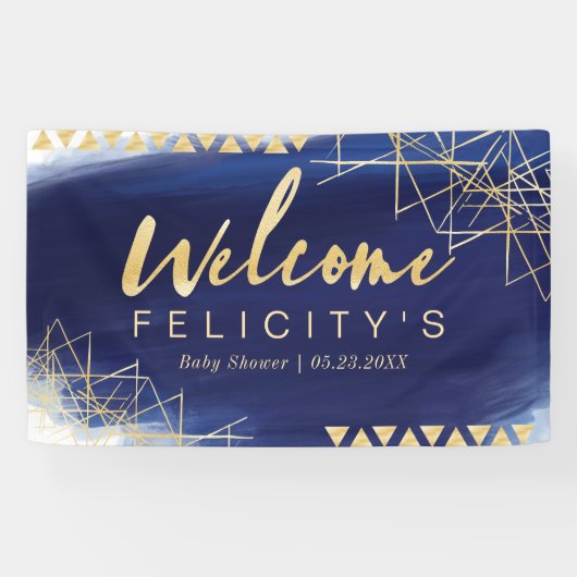 Regal Navy, Gold Waterverf Baby shower Welkom Spandoek (Horizontaal)