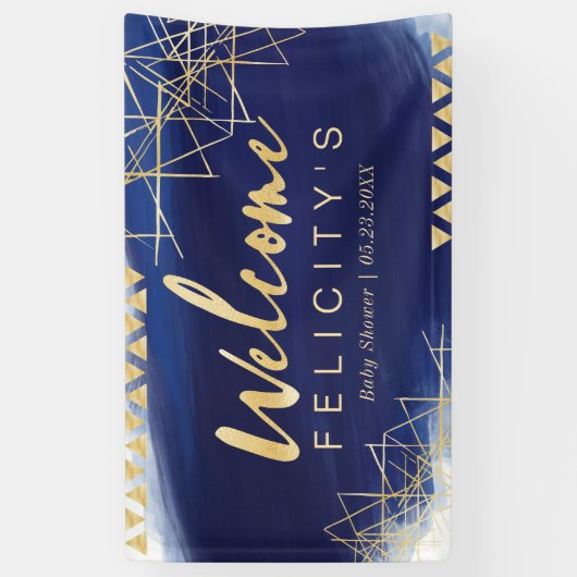 Regal Navy, Gold Waterverf Baby shower Welkom Spandoek (Verticaal)