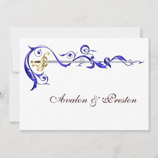 Regal Navy Scroll Ribbon Sword Wedding Invitation Kaart (Voorkant)