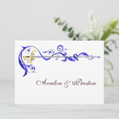 Regal Navy Scroll Ribbon Sword Wedding Invitation Kaart (Staand voorkant)