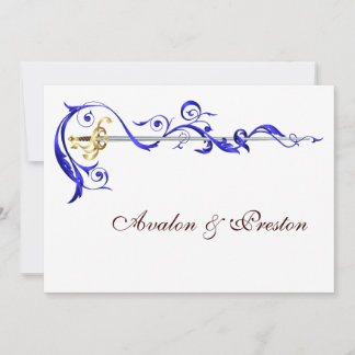 Regal Navy Scroll Ribbon Sword Wedding Invitation Kaart