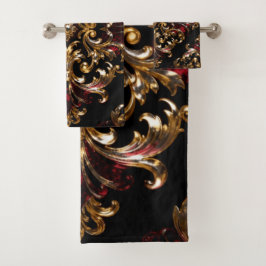 Regal Noir Patroon | Gouden Bloemwerk & Karmozijn Bad Handdoek