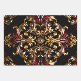 Regal Noir Patroon | Gouden Krulwerk & Karmozijn Inpakpapier Vel