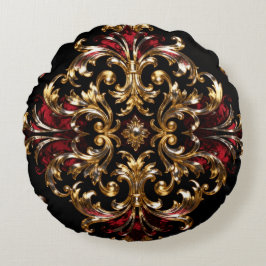 Regal Noir Patroon | Gouden Krulwerk & Karmozijn Rond Kussen