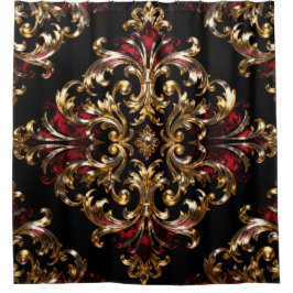 Regal Noir Patroon | Gouden Scrollwerk & Karmozijn Douchegordijn