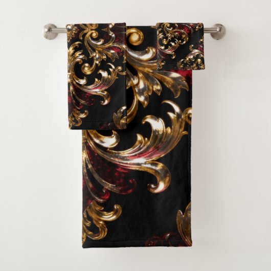 Regal Noir Pattern | Gold Scrollwork & Crimson Bad Handdoek (Insitu)