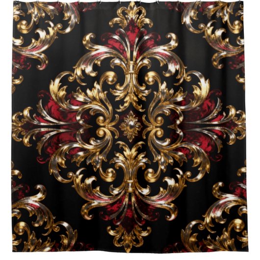 Regal Noir Pattern | Gold Scrollwork & Crimson Douchegordijn (Voorkant)