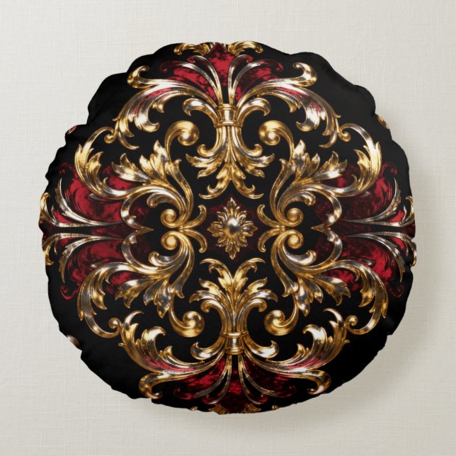Regal Noir Pattern | Gold Scrollwork & Crimson Rond Kussen (Voorkant)