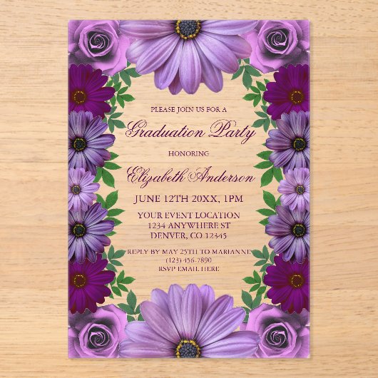 Regal Paars Floral Gradual Party Acryl Uitnodigingen (Voorkant)