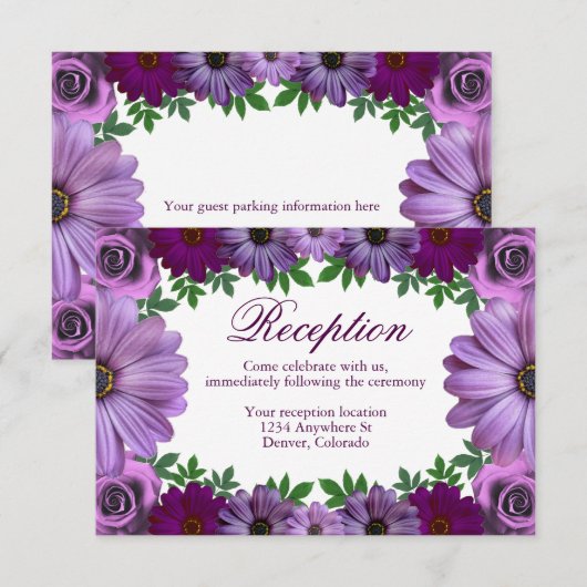 Regal Paars Floral Wedding Reception Informatiekaartje (Voorkant / Achterkant)