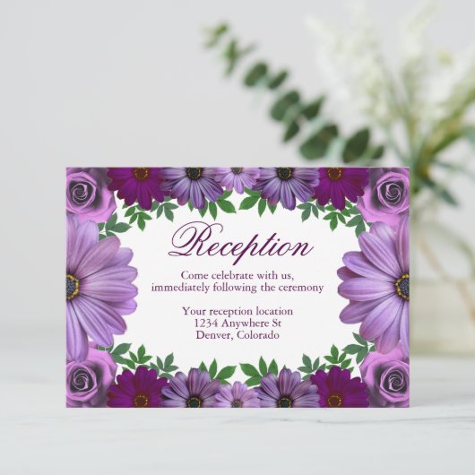 Regal Paars Floral Wedding Reception Informatiekaartje (Staand voorkant)