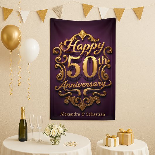 Regal Paarse en gouden 50ste bruiloft Jubileum Spandoek
