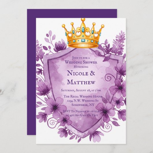 Regal Paarse Floral Crest Wedding Kaart (Voorkant / Achterkant)