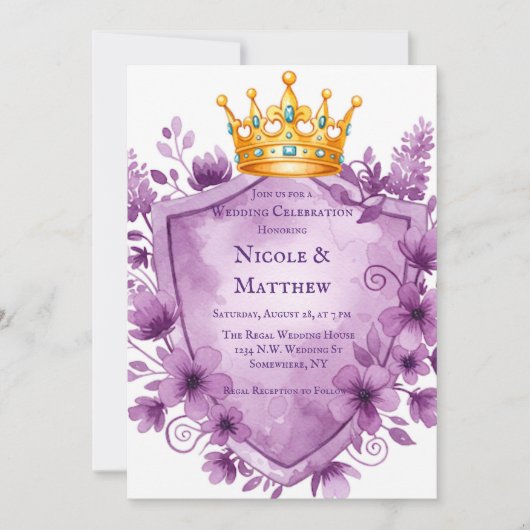Regal Paarse Floral Crest Wedding Kaart (Voorkant)