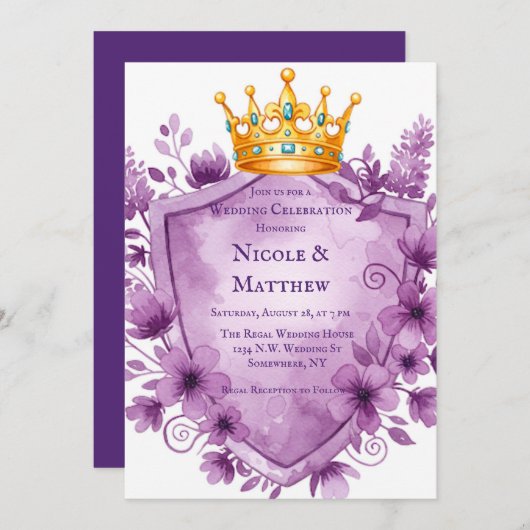 Regal Paarse Floral Crest Wedding Kaart (Voorkant / Achterkant)