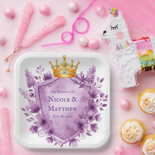 Regal Paarse Floral Crest Wedding Papieren Bordje (Feest)