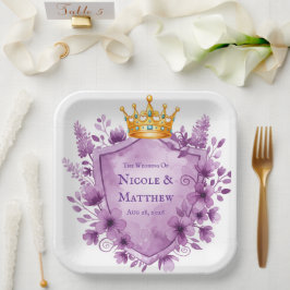 Regal Paarse Floral Crest Wedding Papieren Bordje