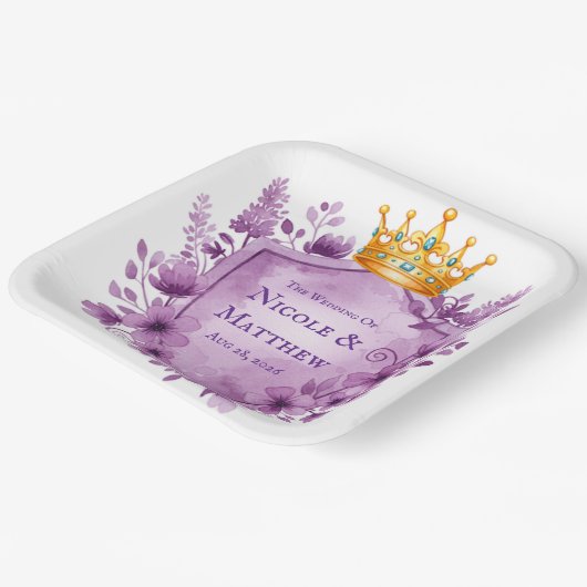Regal Paarse Floral Crest Wedding Papieren Bordje (Gebogen)