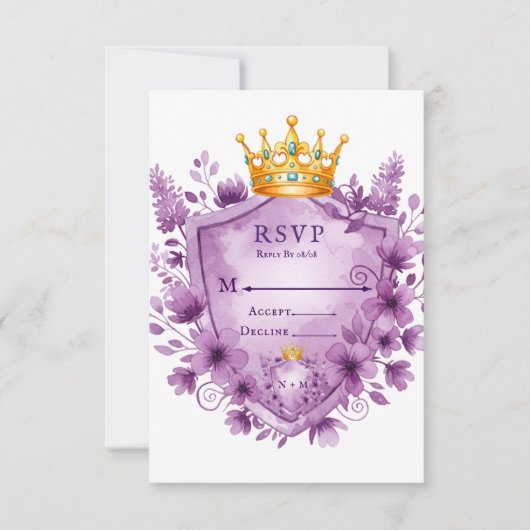 Regal Paarse Floral Crest Wedding RSVP Kaart (Voorkant)