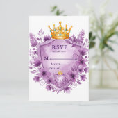 Regal Paarse Floral Crest Wedding RSVP Kaart (Staand voorkant)