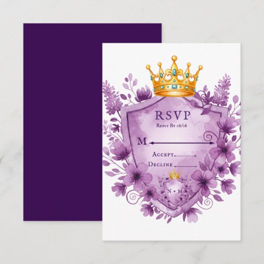 Regal Paarse Floral Crest Wedding RSVP Kaart (Voorkant / Achterkant)