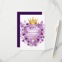 Regal Paarse Floral Crest Wedding RSVP Kaart