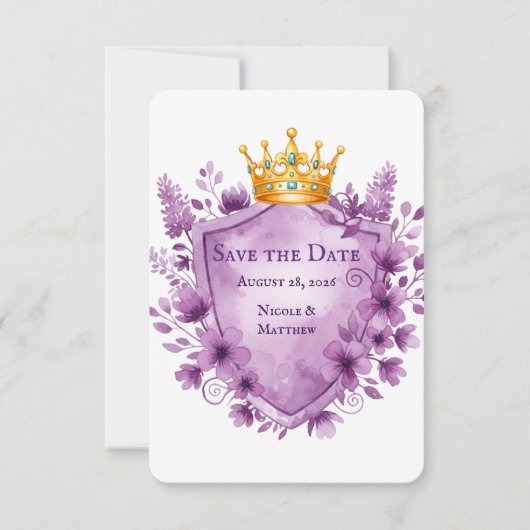 Regal Paarse Floral Crest Wedding Save the Date (Voorkant)