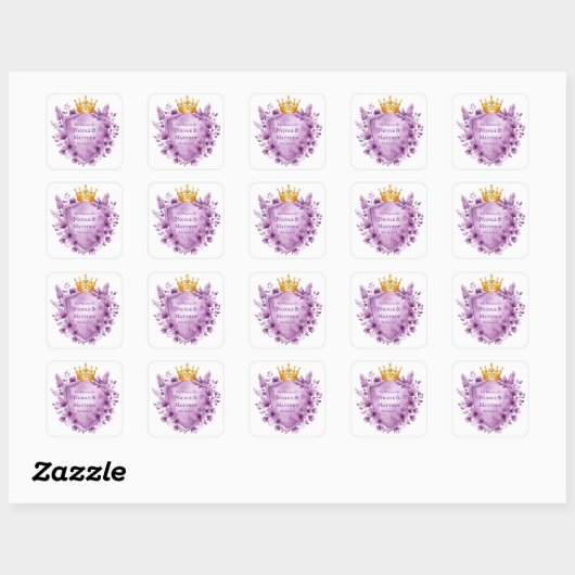 Regal Paarse Floral Crest Wedding Vierkante Sticker (Vel)
