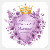 Regal Paarse Floral Crest Wedding Vierkante Sticker (Voorkant)