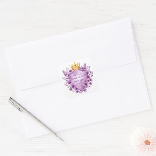 Regal Paarse Floral Crest Wedding Vierkante Sticker (Envelop)