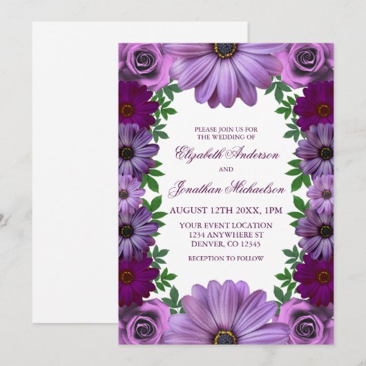 Regal Paarse Floral Wedding Kaart (Voorkant / Achterkant)